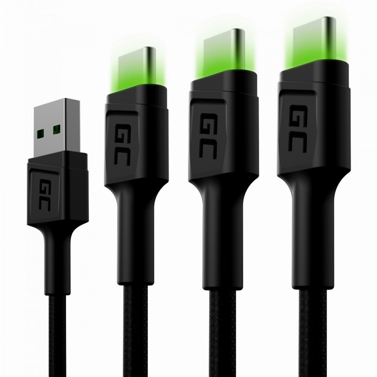 KAB SET 3x USB > USB-C (ST - ST) 3x2m Green Cell SET3 Backlight Green LED  Black FR -->